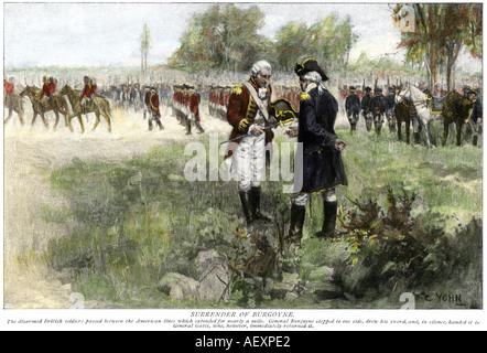 Kapitulation der britischen Kommandanten John Burgoyne zu American General Horatio Gates in Saratoga, NY 1777. Hand - farbige Holzschnitt eines F.C. Yohn Abbildung Stockfoto