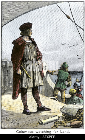 Columbus aufpassen für Land vom Deck des Caravel Santa Maria 1492. Hand - farbige Holzschnitt Stockfoto