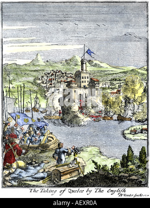 Erfassen der Französischen Quebec durch die Engländer im Jahre 1629. Hand - farbige Holzschnitt einer Illustration von Hennepin Stockfoto