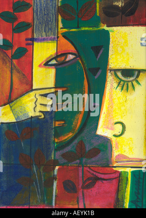 Abstrakte Malerei des Frauengesichts mit Acrylfarbe auf Papier Stockfoto