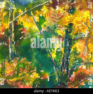 AKM71145 Aquarell auf Papier Landschaft Dschungel Künstler Arun K Mishra Dinodia Stockfoto