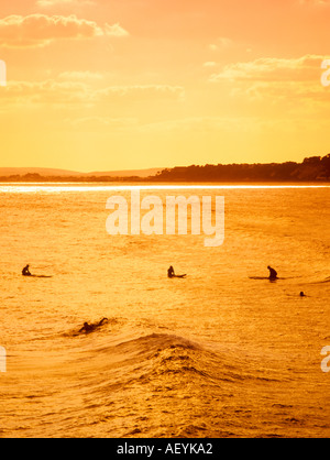 Surfer Bournemouth in goldenem Licht auf einem englischen Sommer Abend warten auf die perfekte Welle Schuß auf Bournemouth Pier Rückblick auf Sandbänken Stockfoto