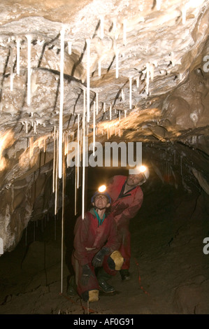 männliche und weibliche Höhlenforscher inspiziert Formationen einschließlich Stroh, die Stalaktiten in der neu entdeckten Notts II auf Leck fiel York Höhle Stockfoto