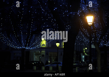 Blue Christmas Lights in der Abenddämmerung, Marais, 3. und 4. Arrondissement, Paris, Frankreich Stockfoto