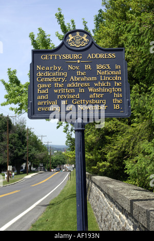 Historische Zeichen über die Gettysburg Address in Gettysburg, Pennsylvania PA Stockfoto