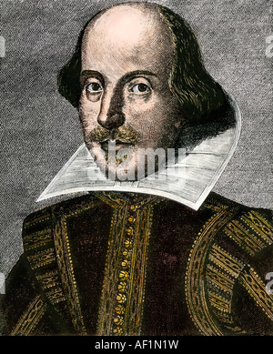 William Shakespeare Portrait in der ersten Folio veröffentlicht 1623. Hand - farbige Holzschnitt Stockfoto