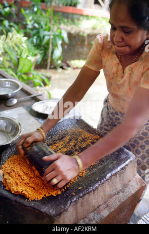 Goan Indianerin Schleifen Kokos und Chili für Curry mit flachen Schleifstein Granit genannt FATOR lokal (Stein). Stockfoto