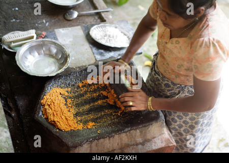 Goan Indianerin Schleifen Kokos und Chili für Curry mit flachen Granit Schleifstein FATOR in Konkani Sprache genannt. Goa Stockfoto