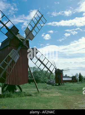 Traditionelle Holzwindmühlen, Störlinge, Öland, Schweden. Stockfoto