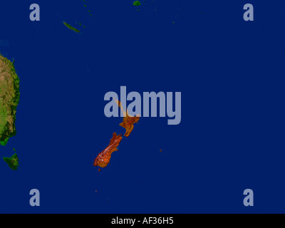 Satellitenbild von Neuseeland rot hervorgehoben Stockfoto