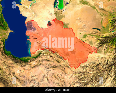 Satellitenbild von Turkmenistan rot hervorgehoben Stockfoto