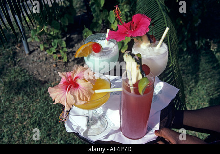 Tablett mit bunten exotischen tropischen Drinks mit rosa und roten Hibiskusblüten in zwei Gläser St Lucia Karibik Stockfoto