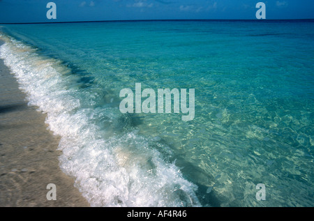 Nahaufnahme eines Gewässerrand mit kleinen Wellen brechen in kleine Brandung vom ruhigen klaren Meer Plätschern am Sandstrand Antigua Karibik Stockfoto