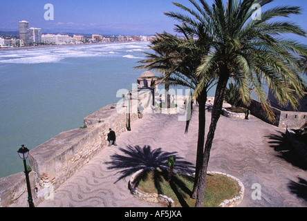 Schatten der Palmen und Blick auf den Strand von Peniscola von der Burg auf der Landzunge Stockfoto
