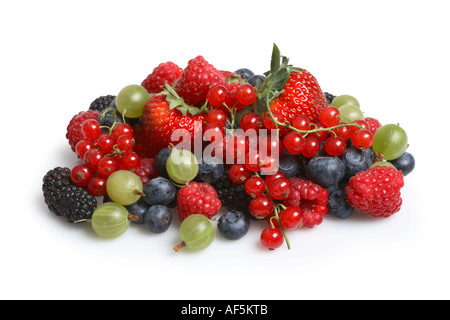 Frische Heidelbeeren, Brombeeren, Himbeeren, Erdbeeren, Johannisbeeren und Stachelbeeren Stockfoto