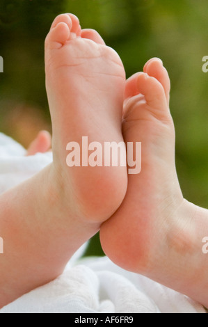 Vertikale Nahaufnahme eines kaukasischen Babys kleinen rosa Füßen. Stockfoto