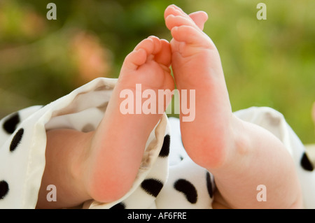 Horizontale Nahaufnahme eines kaukasischen Babys kleinen rosa Füßen. Stockfoto