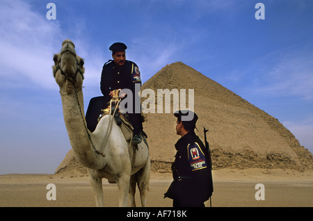 Ägypten Kairo, verbogene Pyramide von Dahshur, Touristenpolizei auf Kamel Stockfoto