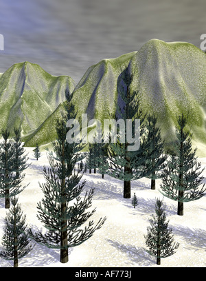 3D gerendertes Bild von einem herannahenden Winter Sturm über Berge und verschneite Kiefer Baum Flachland Stockfoto