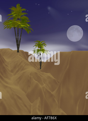 3D gerenderten Bild von einer Nacht mit Dattelpalmen Mond Sterne und Sanddünen in der Wüste Stockfoto