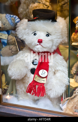 Sad suchen weißer Teddybär mit einem Hut und Schal, in einem Schaufenster in Nürnberg. Stockfoto