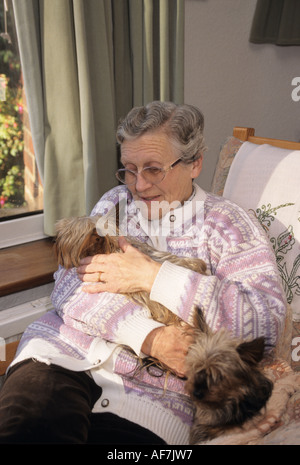 ältere Frau sitzt am Fenster Getue ihr Yorkshire Terrier Hunde Stockfoto