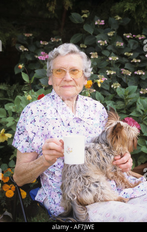 ältere Frau im Garten entspannen und einen Drink mit ihrem Haustier Yorkshire Terrier Hund für Unternehmen Stockfoto