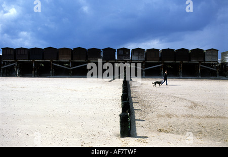 Frau zu Fuß ihren Hund am Strand von Frinton on Sea, Essex, England. Stockfoto