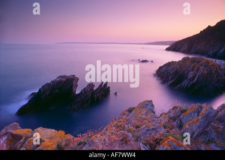 Meer-Rosa auf den Klippen bei Abenddämmerung Blick über Start Bucht von wenig Dartmouth South Devon England UK Stockfoto