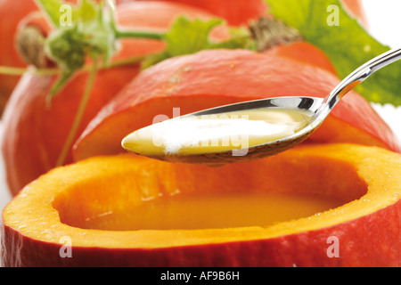 Kürbis Cremesuppe in Kürbis halbieren, Nahaufnahme Stockfoto