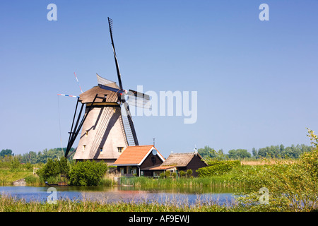 Windmühle und kleinen Haus am Kinderdijk, Niederlande, Holland, Europa Stockfoto