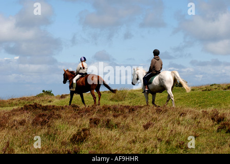 Pony-Trekker auf Brendon Common, Exmoor, Devon, England, UK Stockfoto