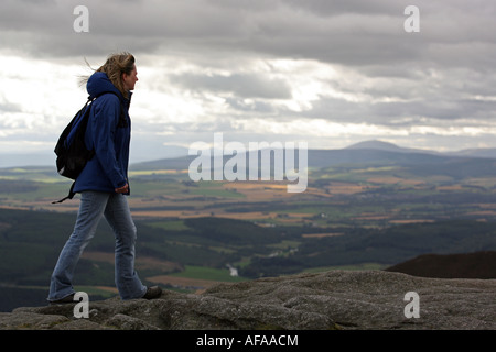 Walker sieht die Aussicht vom Gipfel des O' Tap auf den Berg Bennachie in der Nähe von Inverurie, Aberdeenshire, Schottland Stockfoto