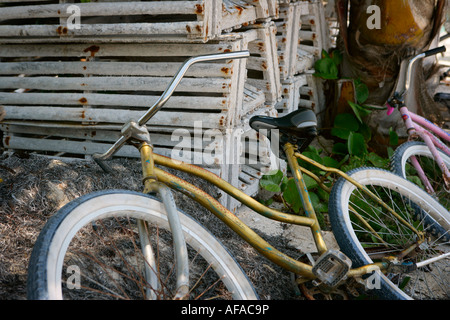 Alte Fahrräder geparkt vor Hummerfallen, Caye Caulker, Belize. Stockfoto
