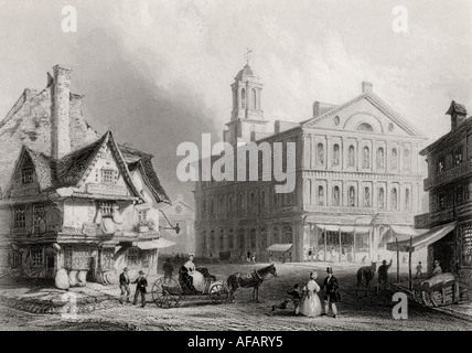 Faneuil Hall, Boston, Massachusetts, USA. Aus dem 19. Jahrhundert stammt ein von H Griffiths nach W H Bartlett graviertes Druckbild. Stockfoto