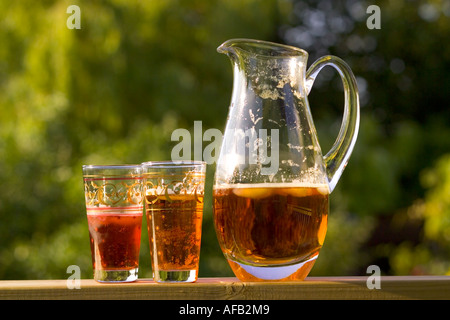 Krug und Gläser Pimms in einem grünen an einem Sommertag. Stockfoto