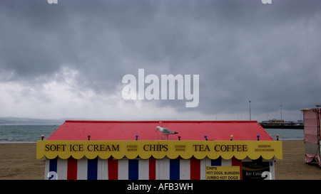 Möwe gehockt Strandhütte Verkauf von Fast-Food unter einem grauen Himmel Weymouth, Dorset Sommer 2007 Stockfoto