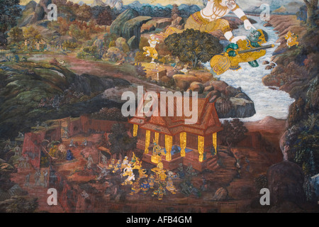 Eines der Wandgemälde, die Geschichte von Ramakien, Grand Palace, Wat Phra Kaeo, Bangkok, Thailand Stockfoto