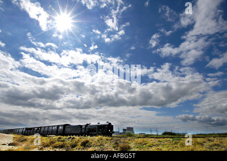 Romney Hythe und Dymchurch Miniatur 15 Zoll Spurweite Dampf Eisenbahn Motor Rennen über Romney Sumpf, Kent. Stockfoto