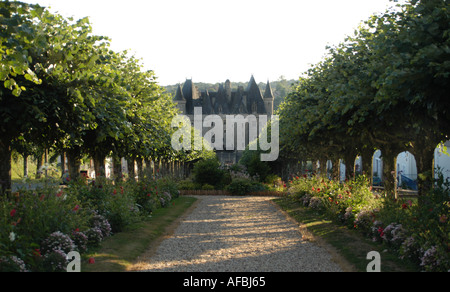 Allee der Bäume mit Schloss in Jumilhac le grand Dordogne Frankreich Stockfoto