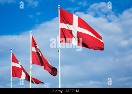 Dänische Flaggen vor blauem Himmel mit Wolken Stockfoto