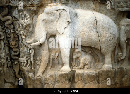 Geographie/Reise, Indien, Mahabalipuram (Mamallapuram), Tamil Nadu, Shiva-Tempel, Erleichterung "der Ursprung des Flusses Ganges", Detail, Pallava-Dynastie, 7. Jahrhundert nach Christus, Stockfoto