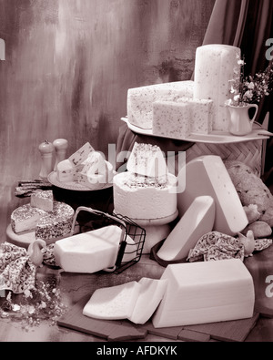 Dänischer Käse in Sepia von Gruppenfoto auf Warm getönten gesprenkelte Hintergrund. Hochformat, Studio Tischplatte. Klassisches Bild Stockfoto