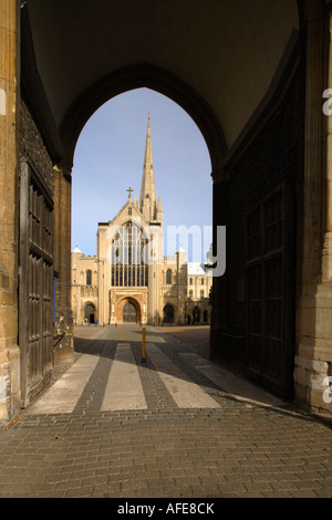 Norwich Kathedrale durch das Westtor, Norwich, Großbritannien Stockfoto