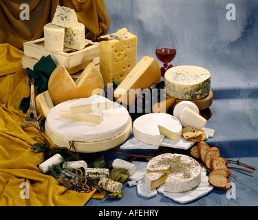 Französische Käse in Gruppe Farbfoto auf cool getönten gesprenkelte Hintergrund. Querformat, Studio Tischplatte. Klassisches Bild. Stockfoto