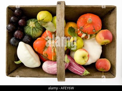 Bauernherbst Auswahl an saisonalem Obst und Gemüse präsentiert in einem hölzernen Trug oder Korb Stockfoto