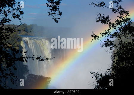 Regenbogen am Nachmittag über dem kochenden Topf Viktoriafälle, Simbabwe Stockfoto