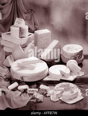 Französische Käse in Sepia von Gruppenfoto auf Warm getönten gesprenkelte Hintergrund. Hochformat, Studio Tischplatte. Klassisches Bild. Stockfoto