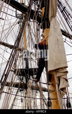 Blickte zu Masten Crows Nest und Takelage der Schoner der Earl of Pembroke mit dunklen stürmischen Himmel mit Besatzung keimhaft Segel Stockfoto