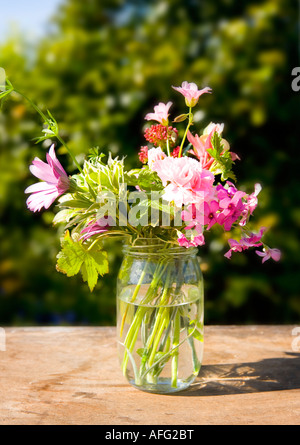Gemischte Sommerblumen in ein Glas Marmelade Glas vase Stockfoto
